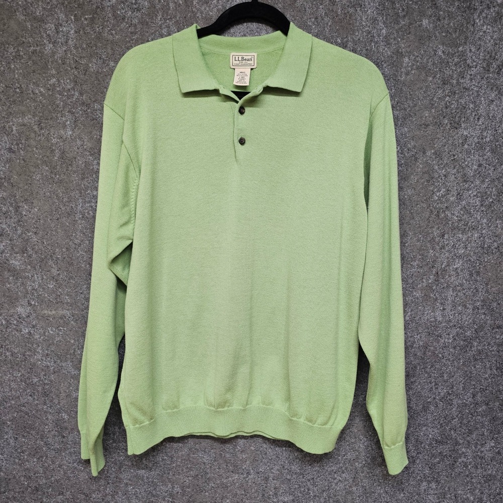 LL Bean Mens Long Sleeve Polo Sweater, Cotton Blend Knit, Green, Large
